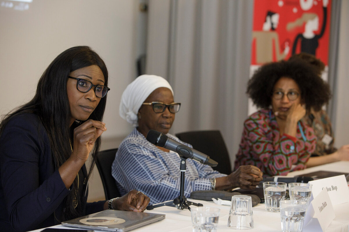 Panel an der MMS Conference 2023 mit Fatou Diatta, Coudou Bop und Serena O. Dankwa (IAMANEH). Foto: Daniel Rihs/ &copy; Network Medicus Mundi Switzerland <br>