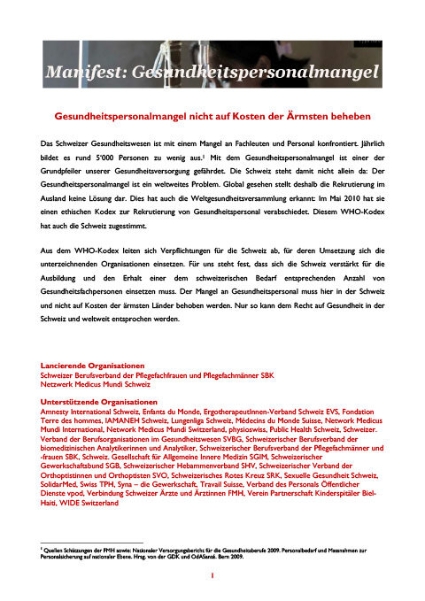 Manifest: Gesundheitspersonalmangel nicht auf Kosten der Ärmsten beheben