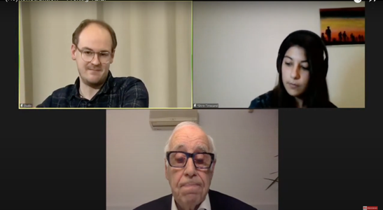 Die Podiumsteilner*innen (von links nach rechts): Maximilian Pichl, Shirin Tinnesand und Jean Ziegler. Screenshot: Joris Fricker