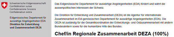 DEZA sucht neue ChefIn Regionale Zusammenarbeit