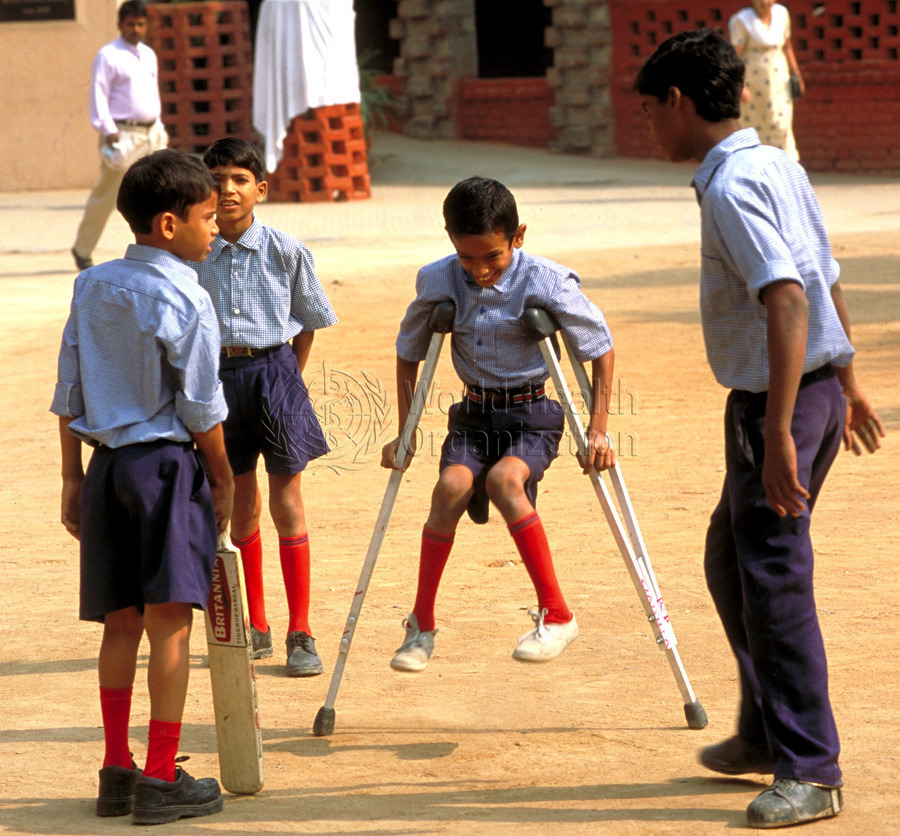 Amar Jyoti Charitable Trust - Hope for Polio Patients in India. A group of boys playing at Amar Jyoti Research & Rehabilitation Centre, Karkardooma in New Delhi. Photo: &copy; WHO / Pierre Virot