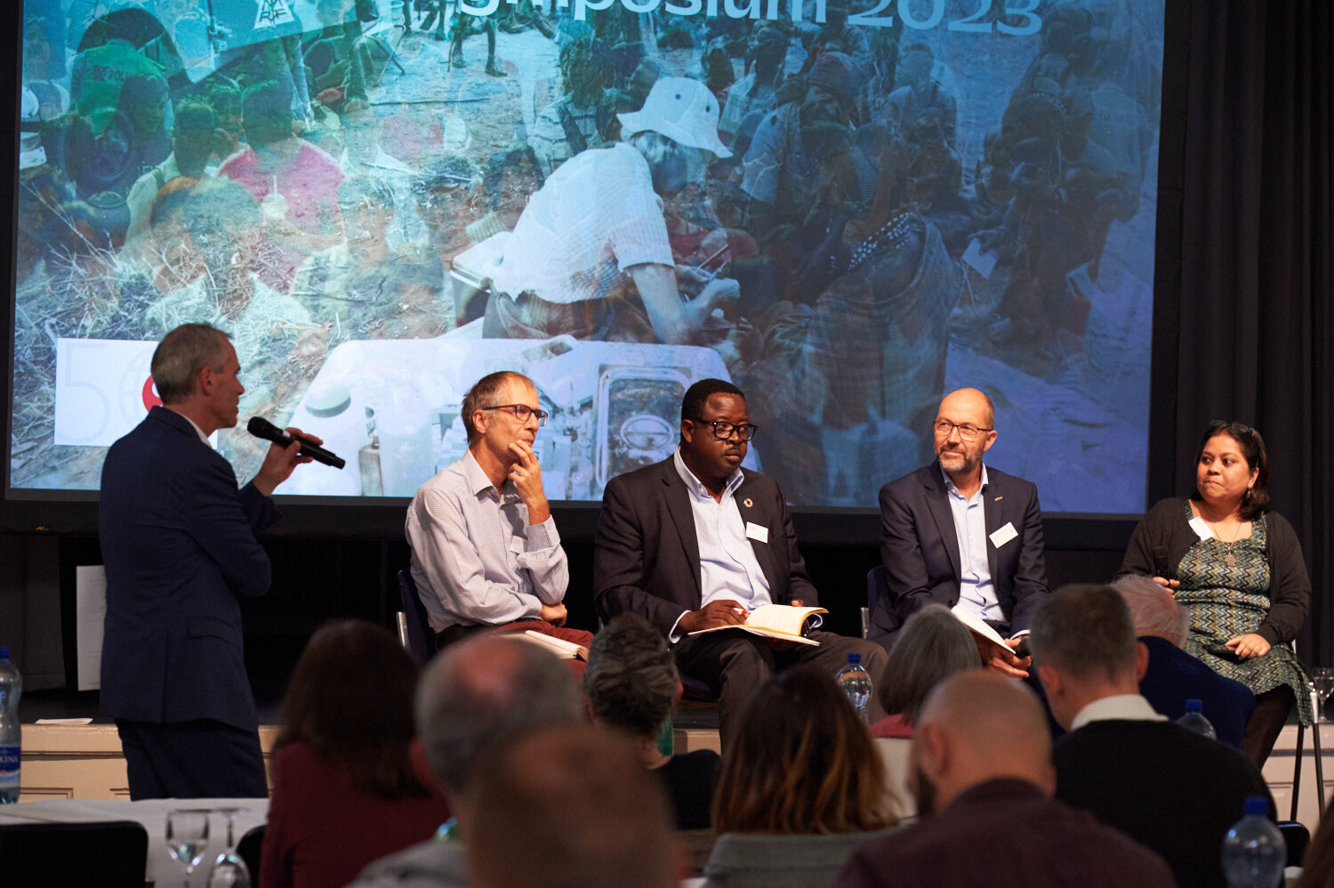 Panel Discussion with Kaspar Wyss (Swiss TPH); Itai Rusike (CWGH/MMI); Lorenz Inderm&uuml;hle (FAIRMED); Sulakshana Nandi (WHO Europe). Photo: Christoph Engeli / &copy; Network Medicus Mundi Switzerland